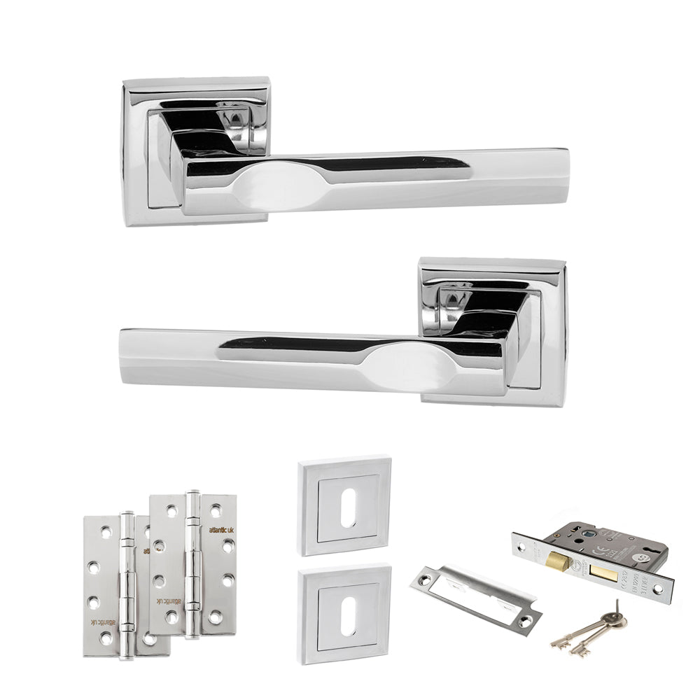 Quality image of STATUS Kansas Door Handle Pack (3 Lever Lock Set - 3" CE Sashlock, 4" Slim Knuckle Hinges x2) - Polished Chrome | Sku. adps24spc19 | available from Trade Door Handles.