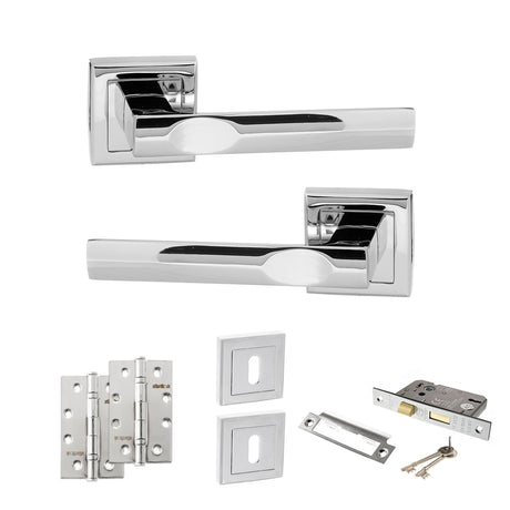 Quality image of STATUS Kansas Door Handle Pack (3 Lever Lock Set - 3" CE Sashlock, 4" Slim Knuckle Hinges x2) - Polished Chrome | Sku. adps24spc19 | available from Trade Door Handles.