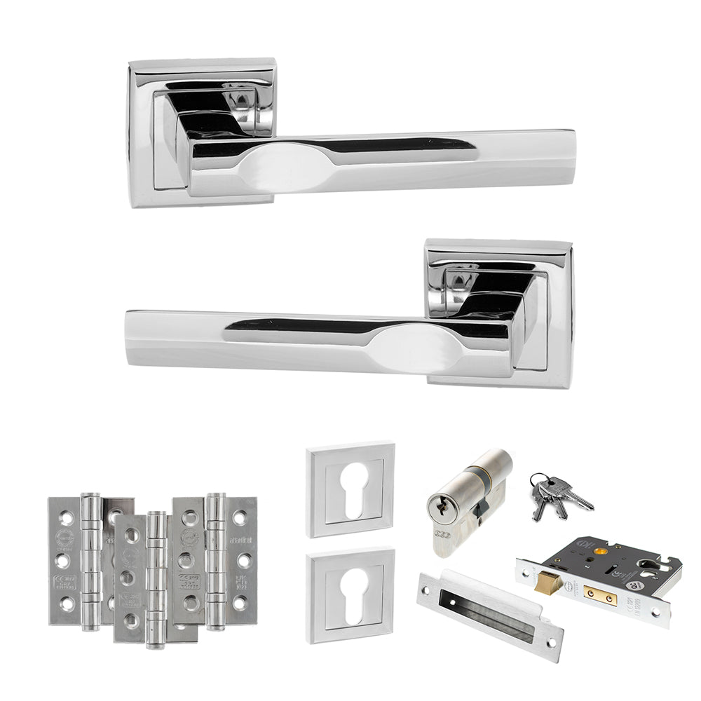 Quality image of STATUS Kansas Door Handle Pack (Euro Lock Set - 2.5" CE Sashlock, 3" Fire Rated Hinges x3) - Polished Chrome | Sku. adps24spc20 | available from Trade Door Handles.