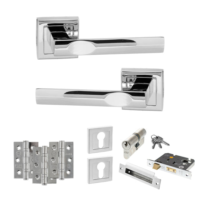 Quality image of STATUS Kansas Door Handle Pack (Euro Lock Set - 3" CE Sashlock, 3" Fire Rated Hinges x3) - Polished Chrome | Sku. adps24spc21 | available from Trade Door Handles.