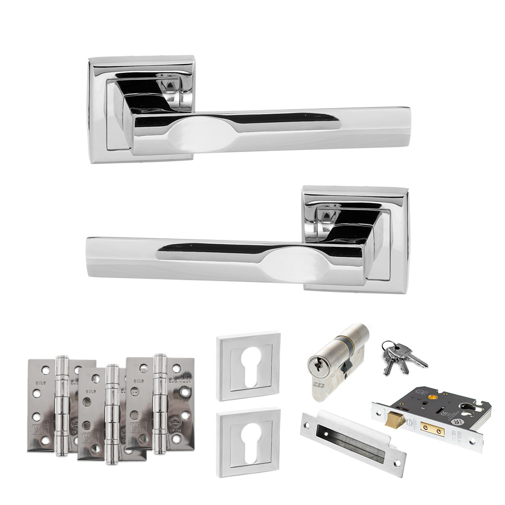 Quality image of STATUS Kansas Door Handle Pack (Euro Lock Set - 2.5" CE Sashlock, 4" Fire Rated Hinges x3) - Polished Chrome | Sku. adps24spc22 | available from Trade Door Handles.