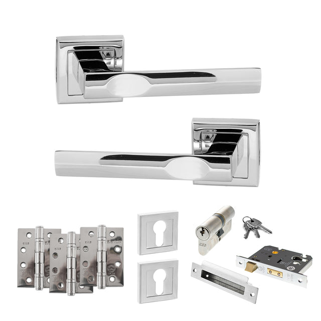 Quality image of STATUS Kansas Door Handle Pack (Euro Lock Set - 2.5" CE Sashlock, 4" Fire Rated Hinges x3) - Polished Chrome | Sku. adps24spc22 | available from Trade Door Handles.