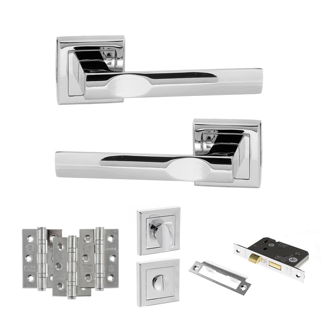 Quality image of STATUS Kansas Door Handle Pack (Bathroom Set - 2.5" CE Bathroom Lock, 3" Fire Rated Hinges x3) - Polished Chrome | Sku. adps24spc8 | available from Trade Door Handles.