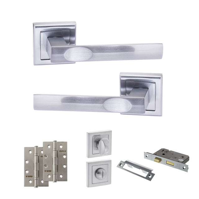 Quality image of STATUS Kansas Door Handle Pack (Bathroom Set - 2.5" CE Bathroom Lock, 4" Slim Knuckle Hinges x2) - Satin Chrome | Sku. adps24ssc12 | available from Trade Door Handles.