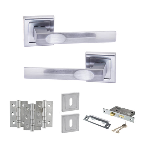 Quality image of STATUS Kansas Door Handle Pack (3 Lever Lock Set - 2.5" CE Sashlock, 3" Fire Rated Hinges x3) - Satin Chrome | Sku. adps24ssc14 | available from Trade Door Handles.