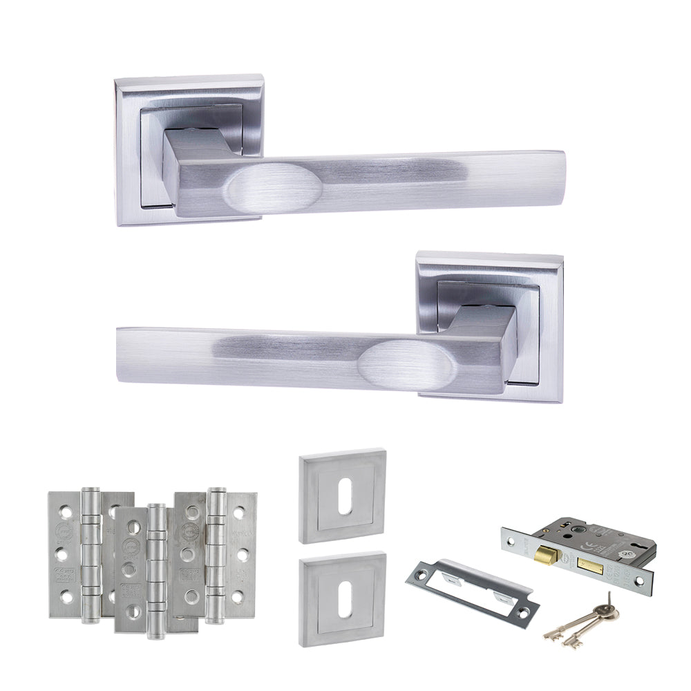 Quality image of STATUS Kansas Door Handle Pack (3 Lever Lock Set - 3" CE Sashlock, 3" Fire Rated Hinges x3) - Satin Chrome | Sku. adps24ssc15 | available from Trade Door Handles.