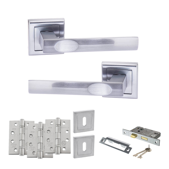 Quality image of STATUS Kansas Door Handle Pack (3 Lever Lock Set - 2.5" CE Sashlock, 4" Fire Rated Hinges x3) - Satin Chrome | Sku. adps24ssc16 | available from Trade Door Handles.