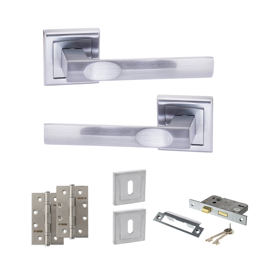 Quality image of STATUS Kansas Door Handle Pack (3 Lever Lock Set - 2.5" CE Sashlock, 4" Slim Knuckle Hinges x2) - Satin Chrome | Sku. adps24ssc18 | available from Trade Door Handles.