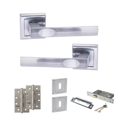 Quality image of STATUS Kansas Door Handle Pack (3 Lever Lock Set - 2.5" CE Sashlock, 4" Slim Knuckle Hinges x2) - Satin Chrome | Sku. adps24ssc18 | available from Trade Door Handles.