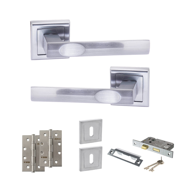 Quality image of STATUS Kansas Door Handle Pack (3 Lever Lock Set - 2.5" CE Sashlock, 4" Slim Knuckle Hinges x2) - Satin Chrome | Sku. adps24ssc18 | available from Trade Door Handles.