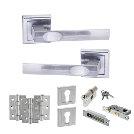 Quality image of STATUS Kansas Door Handle Pack (Euro Lock Set - 2.5" CE Sashlock, 3" Fire Rated Hinges x3) - Satin Chrome | Sku. adps24ssc20 | available from Trade Door Handles.