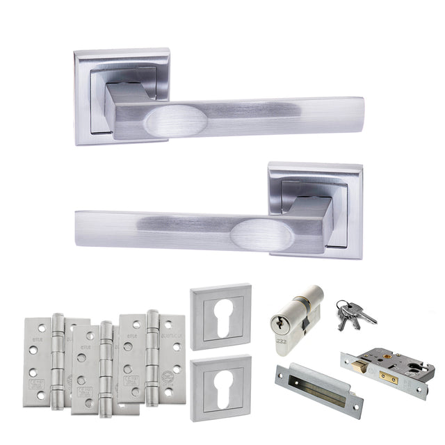 Quality image of STATUS Kansas Door Handle Pack (Euro Lock Set - 2.5" CE Sashlock, 4" Fire Rated Hinges x3) - Satin Chrome | Sku. adps24ssc22 | available from Trade Door Handles.