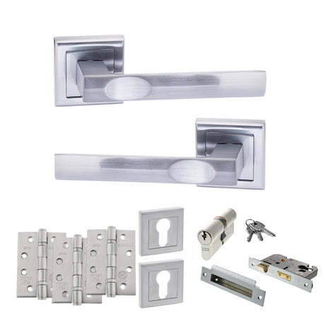 Quality image of STATUS Kansas Door Handle Pack (Euro Lock Set - 3" CE Sashlock, 4" Fire Rated Hinges x3) - Satin Chrome | Sku. adps24ssc23 | available from Trade Door Handles.
