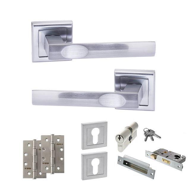 Quality image of STATUS Kansas Door Handle Pack (Euro Lock Set - 2.5" CE Sashlock, 4" Slim Knuckle Hinges x2) - Satin Chrome | Sku. adps24ssc24 | available from Trade Door Handles.