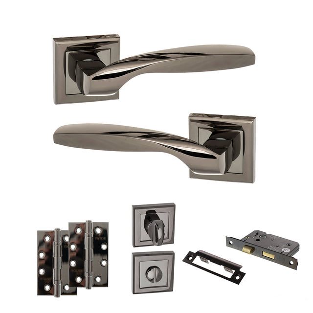 Quality image of STATUS Oklahoma Door Handle Pack (Bathroom Set - 2.5" CE Bathroom Lock, 4" Slim Knuckle Hinges x2) - Black Nickel | Sku. adps25sbn12 | available from Trade Door Handles.