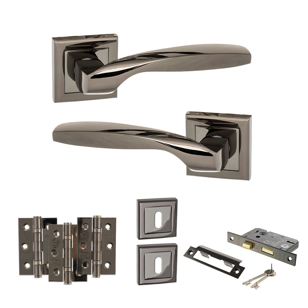 Quality image of STATUS Oklahoma Door Handle Pack (3 Lever Lock Set - 3" CE Sashlock, 3" Fire Rated Hinges x3) - Black Nickel | Sku. adps25sbn15 | available from Trade Door Handles.