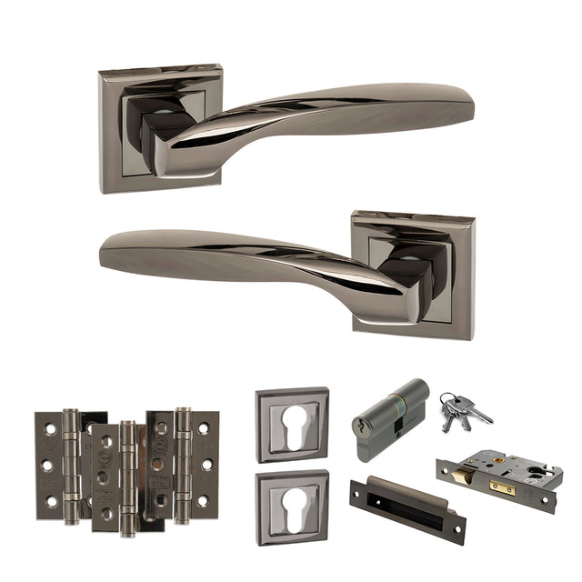 Quality image of STATUS Oklahoma Door Handle Pack (Euro Lock Set - 3" CE Sashlock, 3" Fire Rated Hinges x3) - Black Nickel | Sku. adps25sbn21 | available from Trade Door Handles.