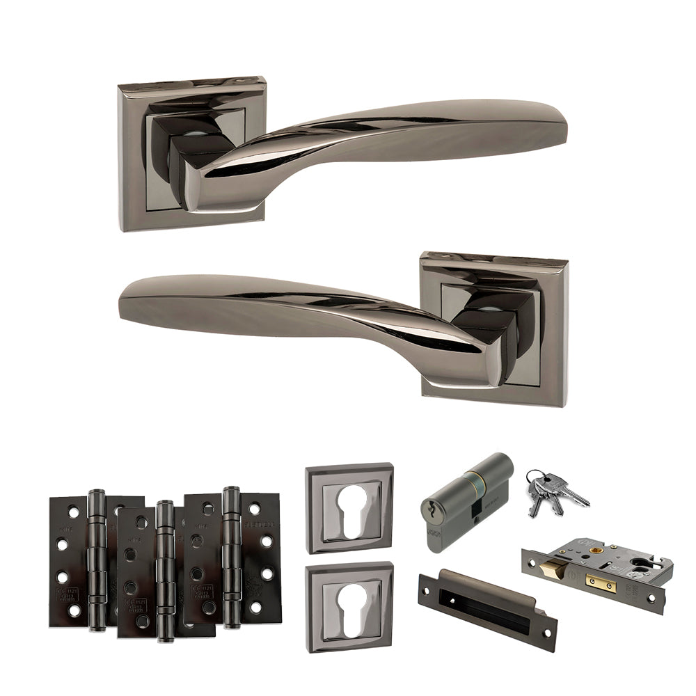 Quality image of STATUS Oklahoma Door Handle Pack (Euro Lock Set - 2.5" CE Sashlock, 4" Fire Rated Hinges x3) - Black Nickel | Sku. adps25sbn22 | available from Trade Door Handles.