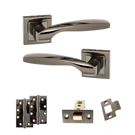 Quality image of STATUS Oklahoma Door Handle Pack (Latch Set - 3" CE Latch, 4" Slim Knuckle Hinges x2) - Black Nickel | Sku. adps25sbn6 | available from Trade Door Handles.