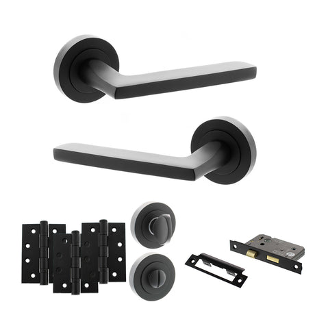 Quality image of STATUS Alaska Door Handle Pack (Bathroom Set - 2.5" CE Bathroom Lock, 4" Fire Rated Hinges x3) - Matt Black | Sku. adps26rmb10 | available from Trade Door Handles.