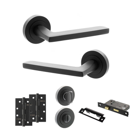 Quality image of STATUS Alaska Door Handle Pack (Bathroom Set - 3" CE Bathroom Lock, 4" Slim Knuckle Hinges x2) - Matt Black | Sku. adps26rmb13 | available from Trade Door Handles.