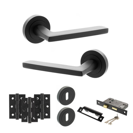 Quality image of STATUS Alaska Door Handle Pack (3 Lever Lock Set - 2.5" CE Sashlock, 3" Fire Rated Hinges x3) - Matt Black | Sku. adps26rmb14 | available from Trade Door Handles.