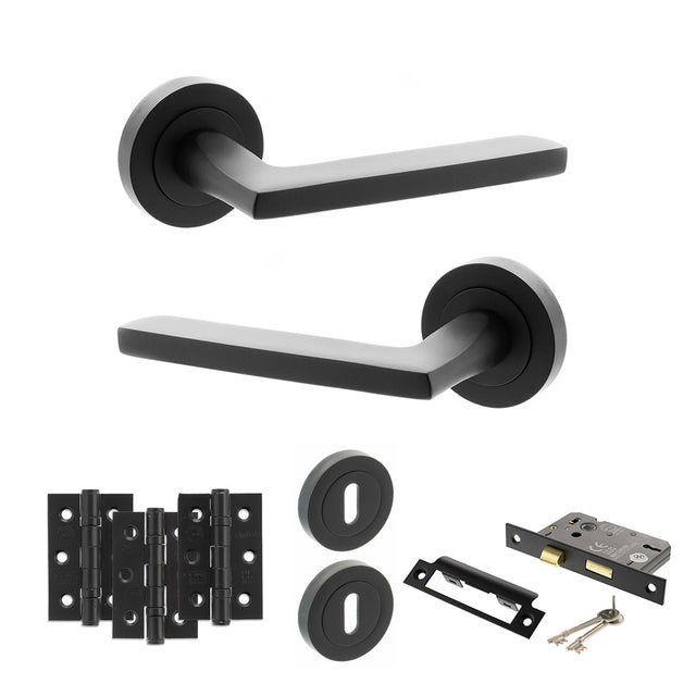 Quality image of STATUS Alaska Door Handle Pack (3 Lever Lock Set - 3" CE Sashlock, 3" Fire Rated Hinges x3) - Matt Black | Sku. adps26rmb15 | available from Trade Door Handles.
