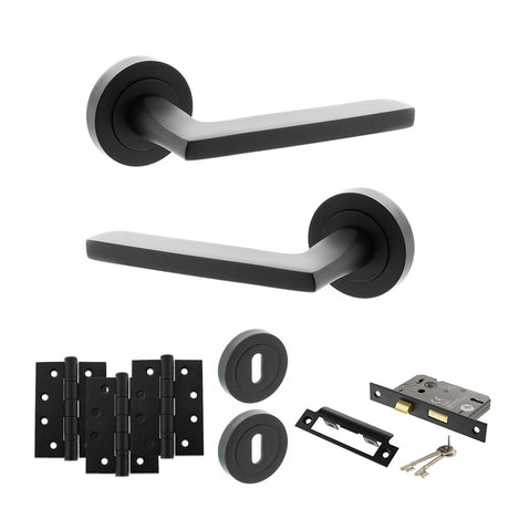 Quality image of STATUS Alaska Door Handle Pack (3 Lever Lock Set - 2.5" CE Sashlock, 4" Fire Rated Hinges x3) - Matt Black | Sku. adps26rmb16 | available from Trade Door Handles.