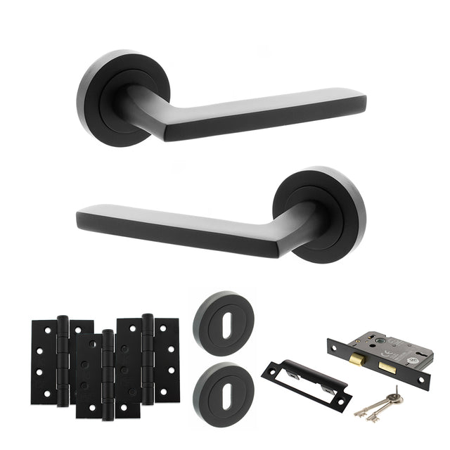 Quality image of STATUS Alaska Door Handle Pack (3 Lever Lock Set - 2.5" CE Sashlock, 4" Fire Rated Hinges x3) - Matt Black | Sku. adps26rmb16 | available from Trade Door Handles.