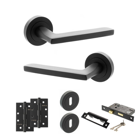 Quality image of STATUS Alaska Door Handle Pack (3 Lever Lock Set - 3" CE Sashlock, 4" Slim Knuckle Hinges x2) - Matt Black | Sku. adps26rmb19 | available from Trade Door Handles.