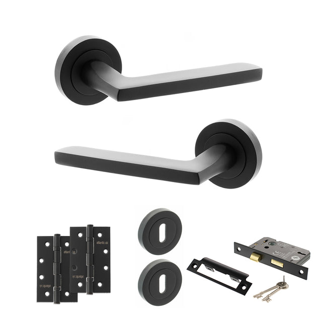 Quality image of STATUS Alaska Door Handle Pack (3 Lever Lock Set - 3" CE Sashlock, 4" Slim Knuckle Hinges x2) - Matt Black | Sku. adps26rmb19 | available from Trade Door Handles.