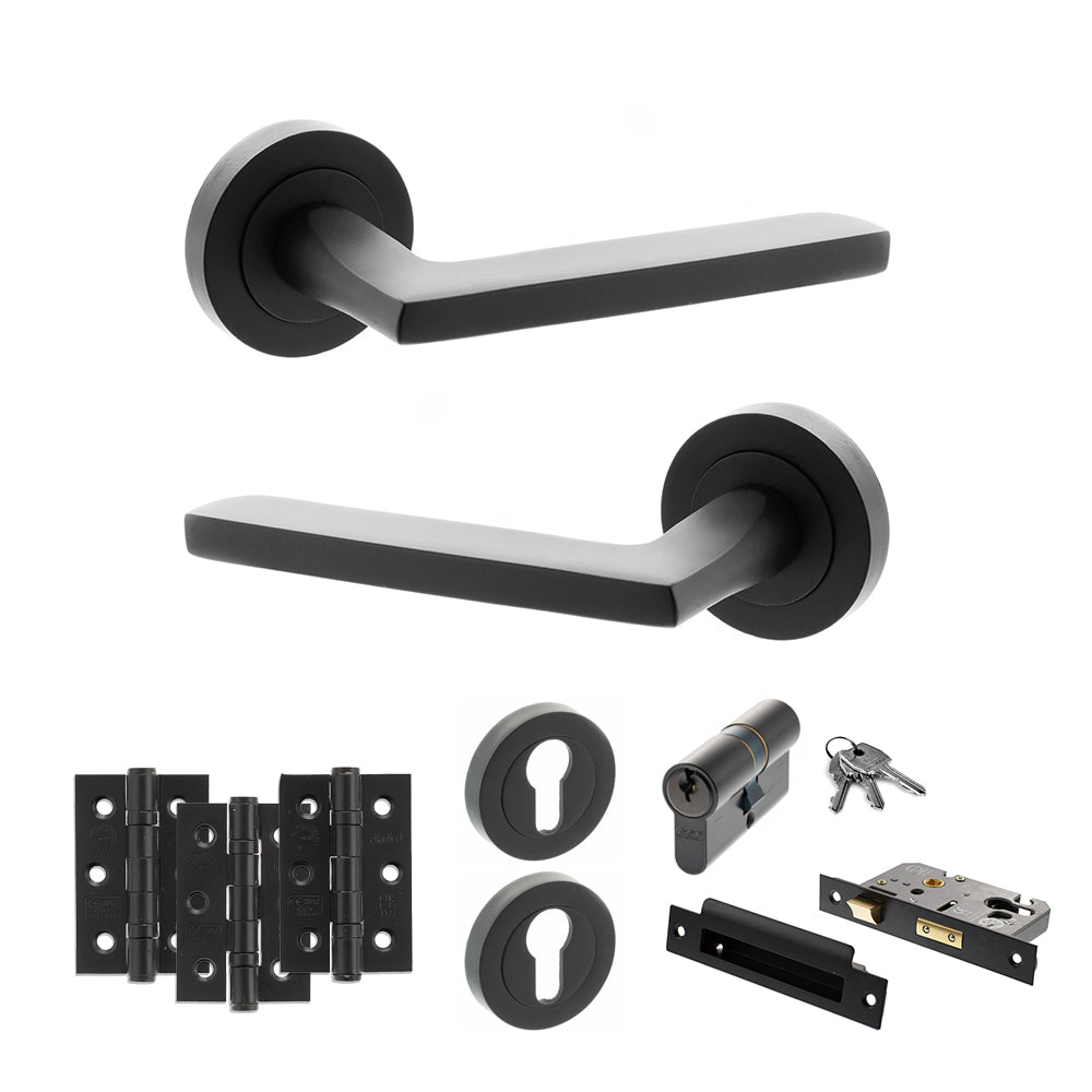 Quality image of STATUS Alaska Door Handle Pack (Euro Lock Set - 3" CE Sashlock, 3" Fire Rated Hinges x3) - Matt Black | Sku. adps26rmb21 | available from Trade Door Handles.