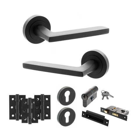 Quality image of STATUS Alaska Door Handle Pack (Euro Lock Set - 3" CE Sashlock, 3" Fire Rated Hinges x3) - Matt Black | Sku. adps26rmb21 | available from Trade Door Handles.