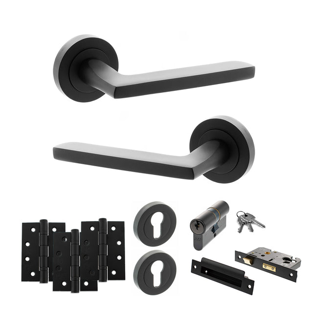 Quality image of STATUS Alaska Door Handle Pack (Euro Lock Set - 3" CE Sashlock, 4" Fire Rated Hinges x3) - Matt Black | Sku. adps26rmb23 | available from Trade Door Handles.