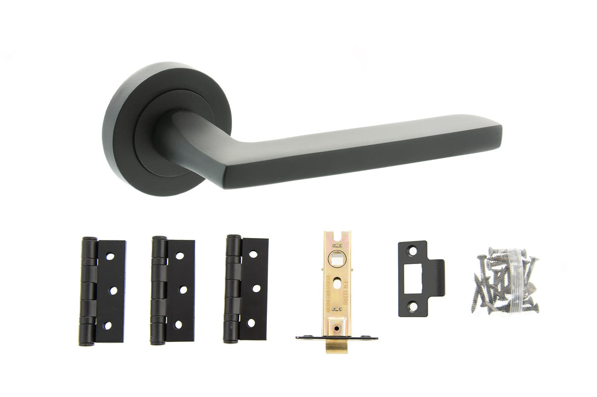 Quality image of STATUS Alaska Door Handle Pack (Latch Set - 2.5" CE Latch, 3" Fire Rated Hinges x3) - Matt Black | Sku. adps26rmb1 | available from Trade Door Handles.