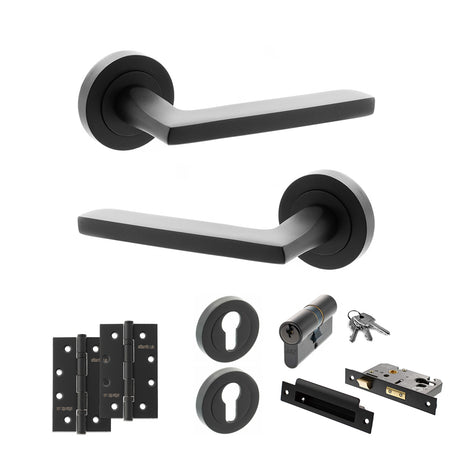 Quality image of STATUS Alaska Door Handle Pack (Euro Lock Set - 3" CE Sashlock, 4" Slim Knuckle Hinges x2) - Matt Black | Sku. adps26rmb25 | available from Trade Door Handles.