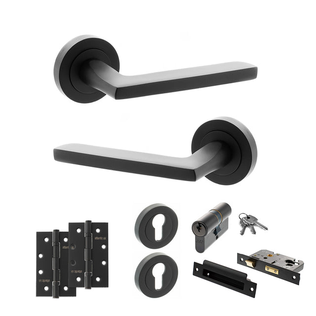 Quality image of STATUS Alaska Door Handle Pack (Euro Lock Set - 3" CE Sashlock, 4" Slim Knuckle Hinges x2) - Matt Black | Sku. adps26rmb25 | available from Trade Door Handles.