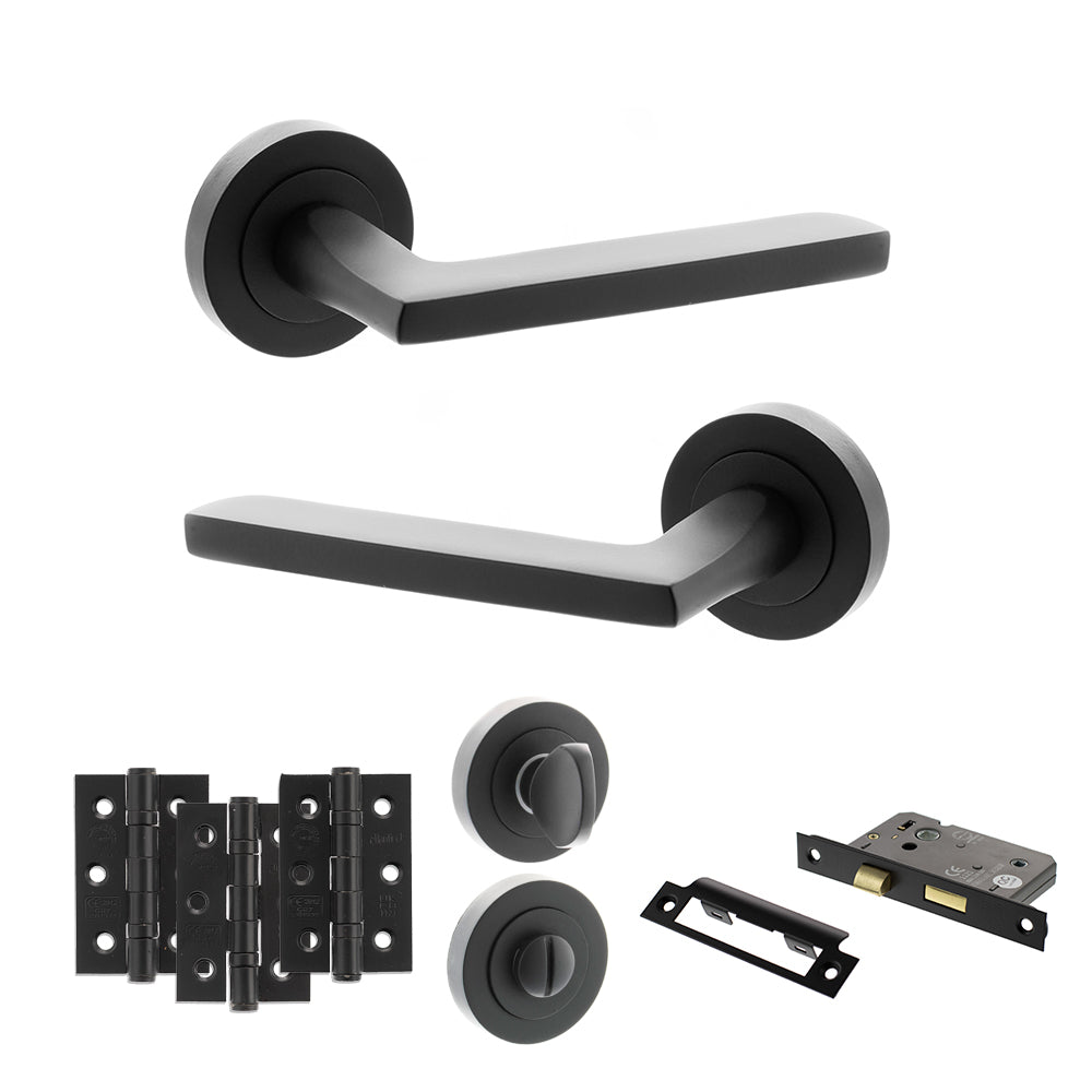 Quality image of STATUS Alaska Door Handle Pack (Bathroom Set - 2.5" CE Bathroom Lock, 3" Fire Rated Hinges x3) - Matt Black | Sku. adps26rmb8 | available from Trade Door Handles.