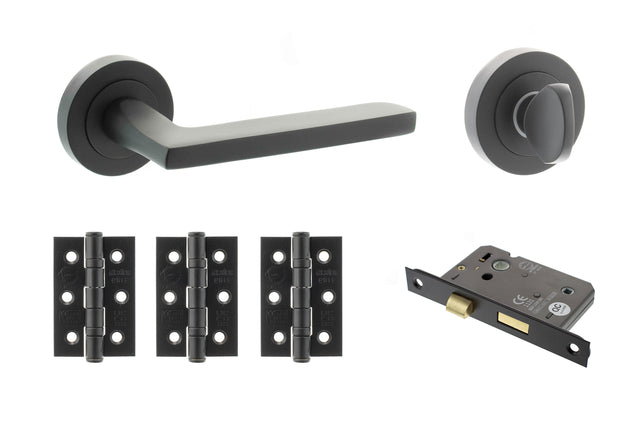 Quality image of STATUS Alaska Door Handle Pack (Bathroom Set - 3" CE Bathroom Lock, 3" Fire Rated Hinges x3) - Matt Black | Sku. adps26rmb9 | available from Trade Door Handles.