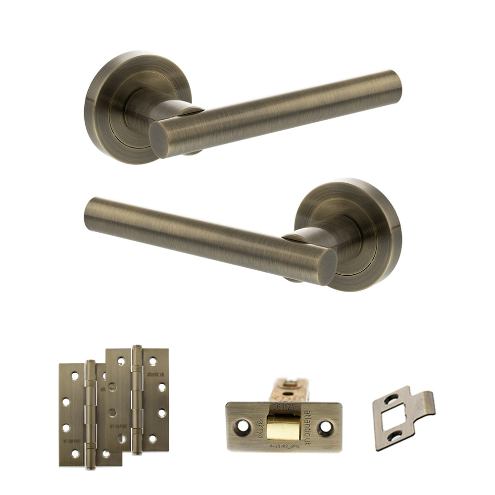 Quality image of STATUS Nebraska Door Handle Pack (Latch Set - 3" CE Latch, 4" Slim Knuckle Hinges x2) - Antique Brass | Sku. adps28rab6 | available from Trade Door Handles.