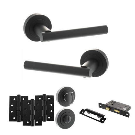 Quality image of STATUS Nebraska Door Handle Pack (Bathroom Set - 2.5" CE Bathroom Lock, 4" Fire Rated Hinges x3) - Matt Black | Sku. adps28rmb10 | available from Trade Door Handles.