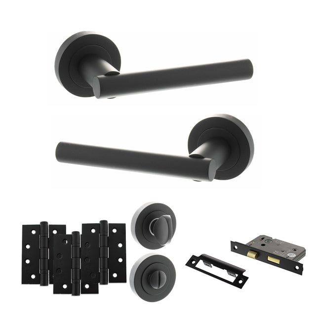 Quality image of STATUS Nebraska Door Handle Pack (Bathroom Set - 2.5" CE Bathroom Lock, 4" Fire Rated Hinges x3) - Matt Black | Sku. adps28rmb10 | available from Trade Door Handles.