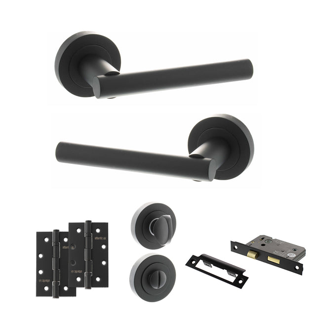 Quality image of STATUS Nebraska Door Handle Pack (Bathroom Set - 2.5" CE Bathroom Lock, 4" Slim Knuckle Hinges x2) - Matt Black | Sku. adps28rmb12 | available from Trade Door Handles.