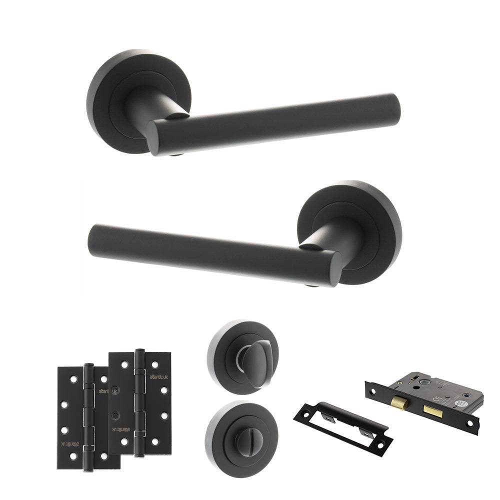 Quality image of STATUS Nebraska Door Handle Pack (Bathroom Set - 3" CE Bathroom Lock, 4" Slim Knuckle Hinges x2) - Matt Black | Sku. adps28rmb13 | available from Trade Door Handles.
