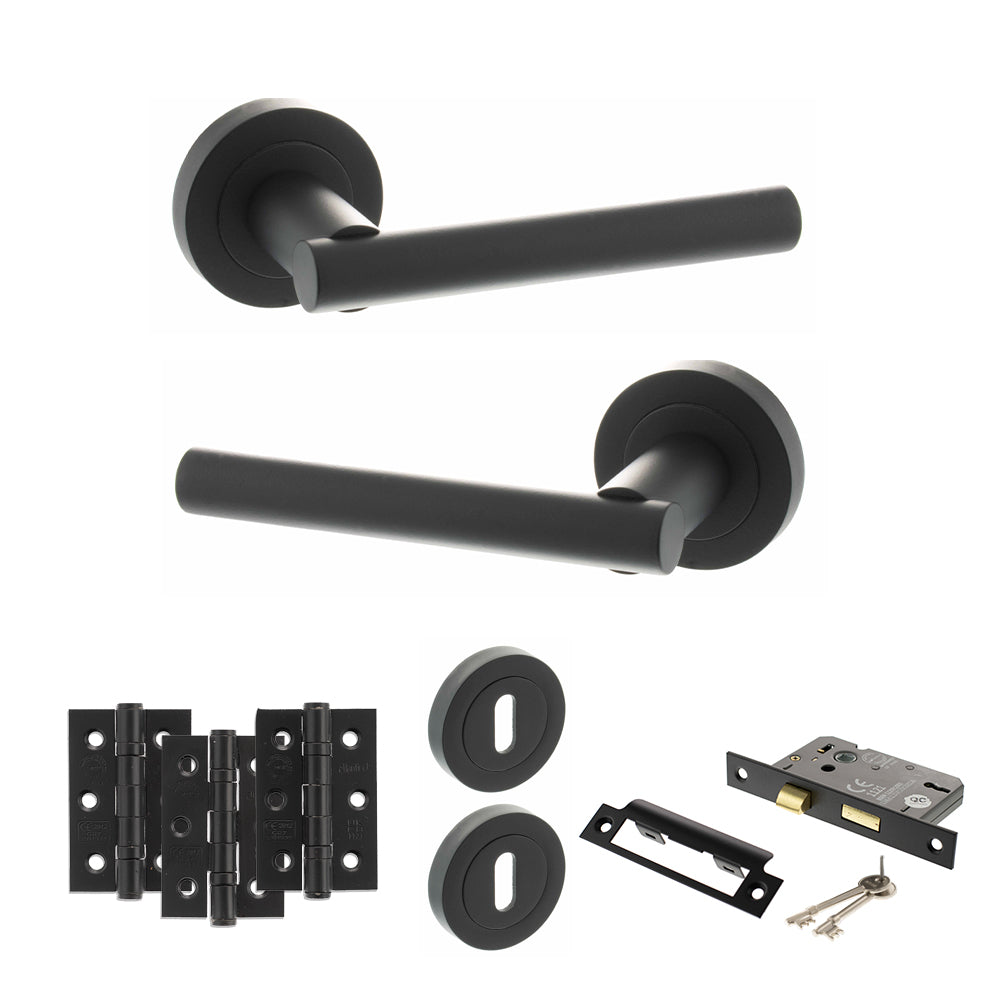 Quality image of STATUS Nebraska Door Handle Pack (3 Lever Lock Set - 3" CE Sashlock, 3" Fire Rated Hinges x3) - Matt Black | Sku. adps28rmb15 | available from Trade Door Handles.