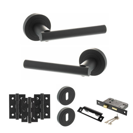 Quality image of STATUS Nebraska Door Handle Pack (3 Lever Lock Set - 3" CE Sashlock, 3" Fire Rated Hinges x3) - Matt Black | Sku. adps28rmb15 | available from Trade Door Handles.