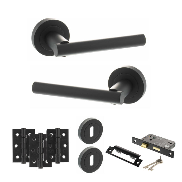 Quality image of STATUS Nebraska Door Handle Pack (3 Lever Lock Set - 3" CE Sashlock, 3" Fire Rated Hinges x3) - Matt Black | Sku. adps28rmb15 | available from Trade Door Handles.