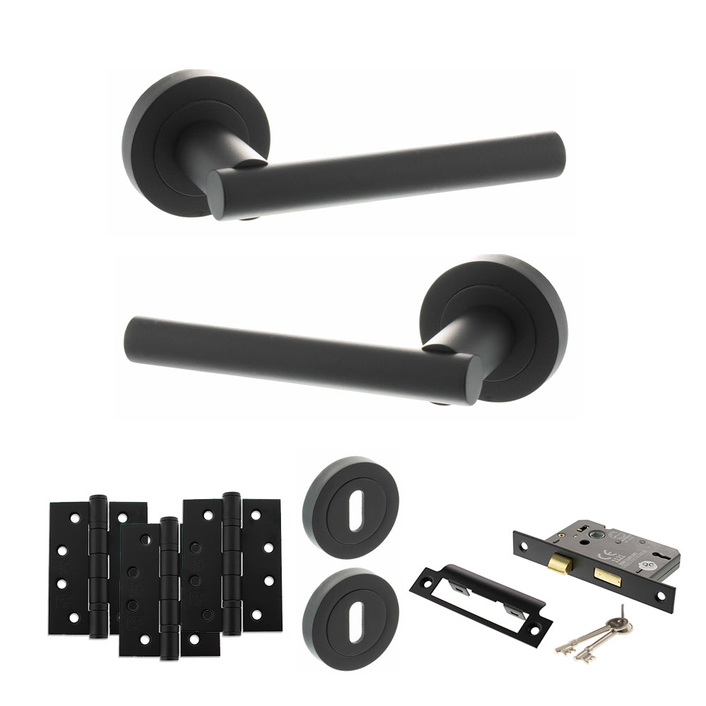 Quality image of STATUS Nebraska Door Handle Pack (3 Lever Lock Set - 2.5" CE Sashlock, 4" Fire Rated Hinges x3) - Matt Black | Sku. adps28rmb16 | available from Trade Door Handles.