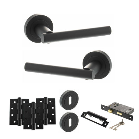 Quality image of STATUS Nebraska Door Handle Pack (3 Lever Lock Set - 2.5" CE Sashlock, 4" Fire Rated Hinges x3) - Matt Black | Sku. adps28rmb16 | available from Trade Door Handles.