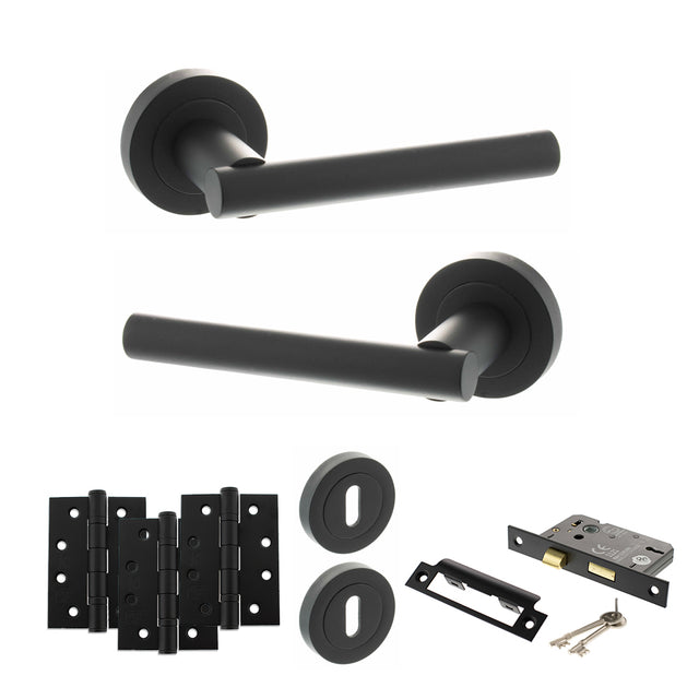 Quality image of STATUS Nebraska Door Handle Pack (3 Lever Lock Set - 3" CE Sashlock, 4" Fire Rated Hinges x3) - Matt Black | Sku. adps28rmb17 | available from Trade Door Handles.